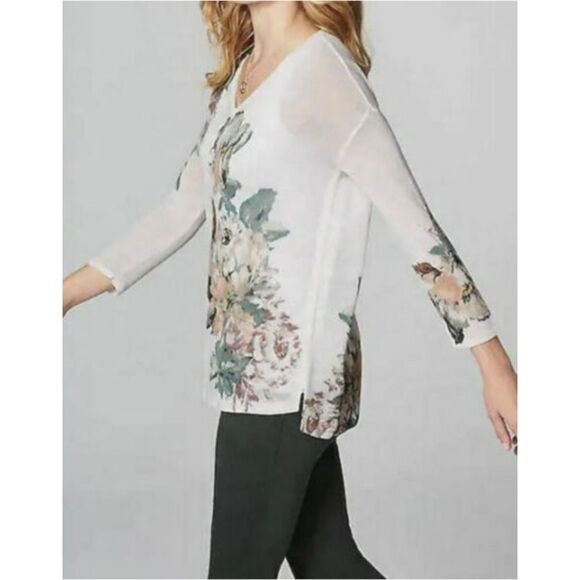 J. Jill Linen Blend Semi Sheer Knit Tunic Relaxed Fit Costal Beach Floral - Picture 3 of 12